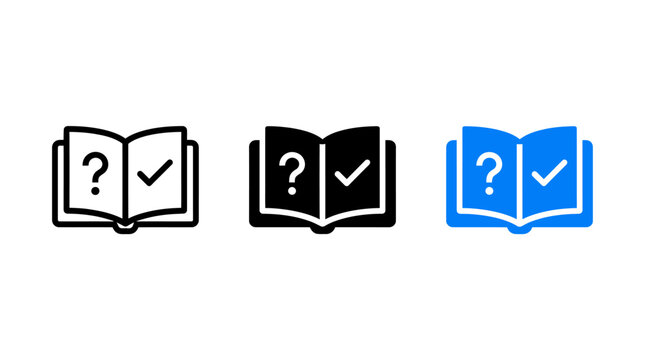 Open book icon with question mark and checkmark symbol