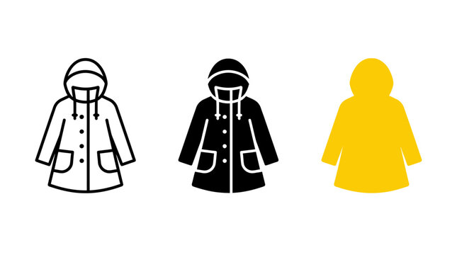Set of three raincoat icons in different graphic styles