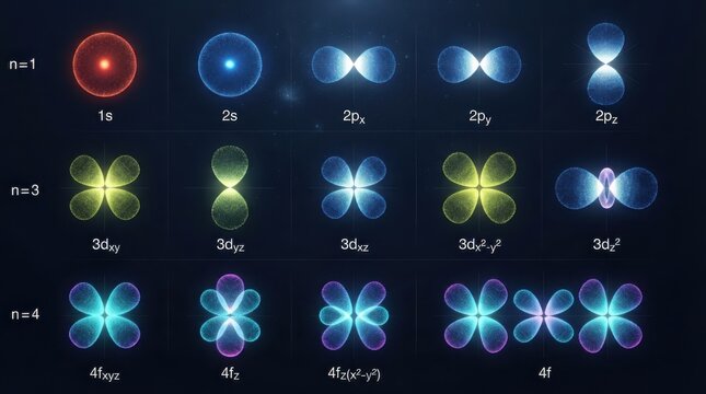 Scientific chart showing electron orbital shapes and quantum energy