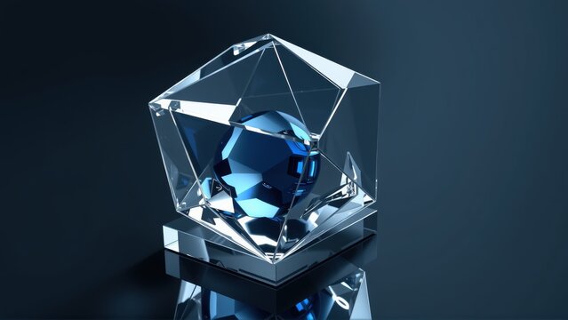 Geometric crystal form reflects light. Blue sphere inside transparent structure creates striking visual effect. Dark background emphasizes objects shine.