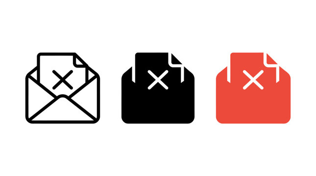 Document and envelope file rejection icons set with document
