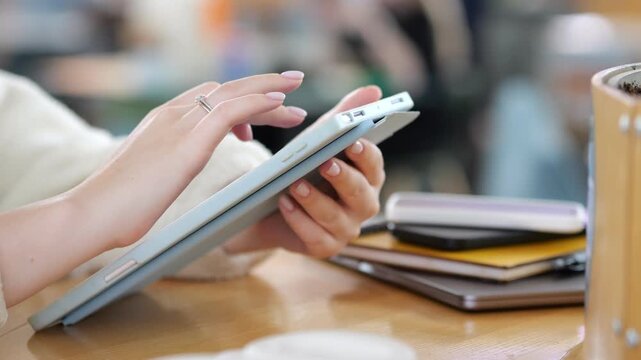 Hands hold tablet on wooden table. Stacks of books and cup nearby. Blurred background suggests indoor setting