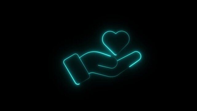 glowing neon cyan hand icon animation holding heart symbol representing care support love kindness compassion healthcare charity emotional connection human wellness and helping concept