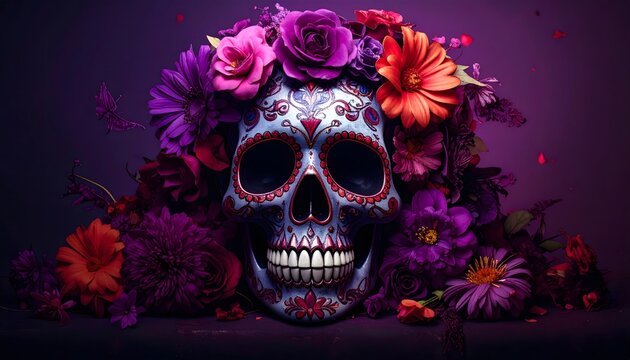 Calavera mexicana decorada con flores rosas y moradas para D&iacute;a de Muertos
