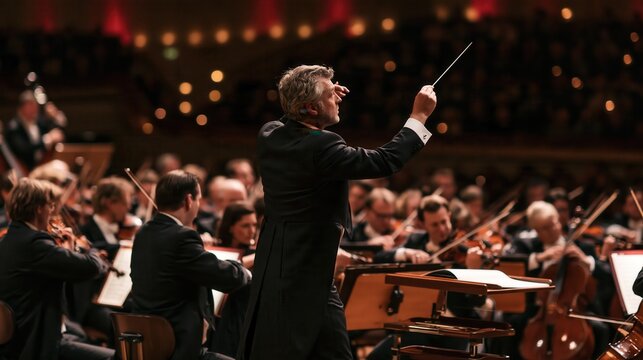 Orchestra conductor leading musicians during a dramatic classical music performance with warm stage lighting and bokeh background