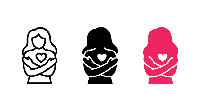 Female person icon hugging self with heart symbol design