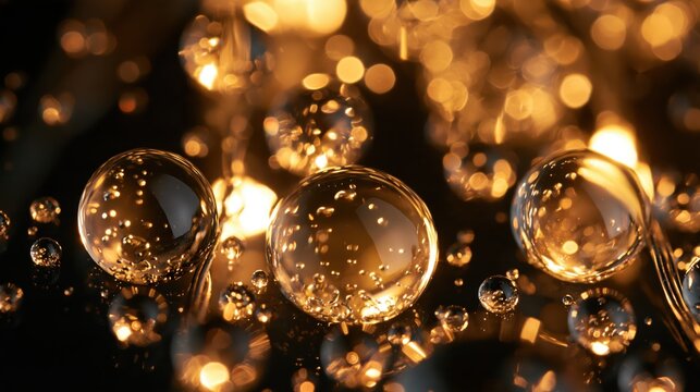 Water droplets with golden bokeh highlights on a dark reflective surface during a soft warm illumination