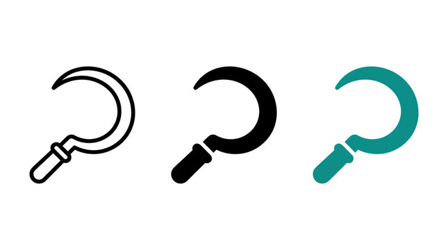 Set of three sickle tool icons in different design styles
