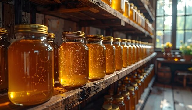 Tarros de miel dorada alineados en estanter&iacute;as de madera