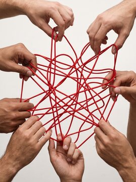 Multiple hands untangling a tangled red cord together. Teamwork and collaboration concept. Communication, cooperation and problem solving. Confusion and complexity in business