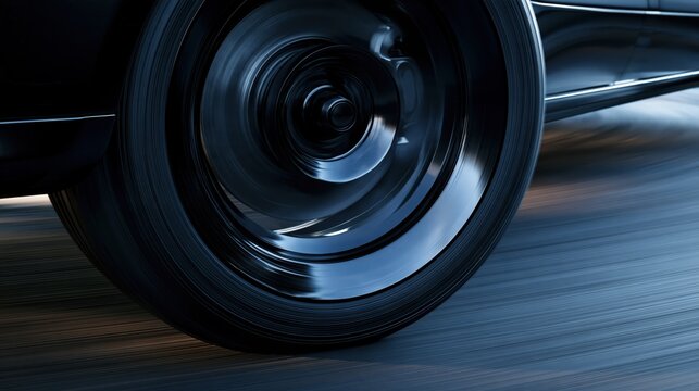 Close-up of a spinning black car wheel with motion blur during a fast drive on a wet road in dramatic low light