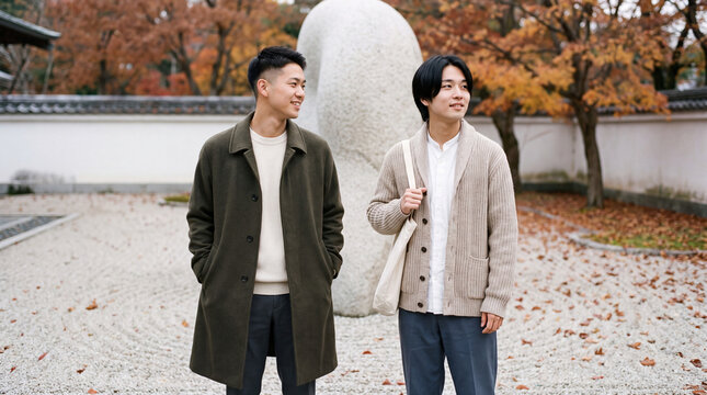 秋の石庭に佇み紅葉の景色を楽しむ20代の男性二人 | 白壁と砂紋