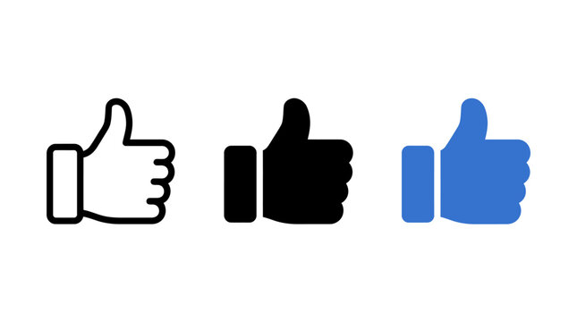 Set of three thumbs up icons in outline solid and blue styles