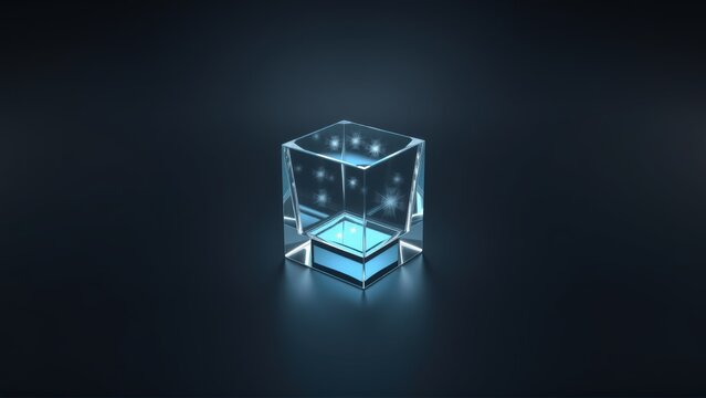 Glowing cube sits center frame. Dark background emphasizes bright blue light emanating from within geometric shape. Minimalist design.