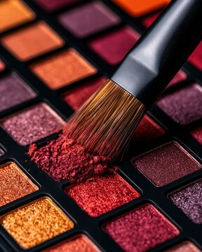 Makeup brush picking up red loose powder from a colorful eyeshadow palette featuring various square sections of shimmering metallic cosmetic pigment shades for beauty and fashion makeup application