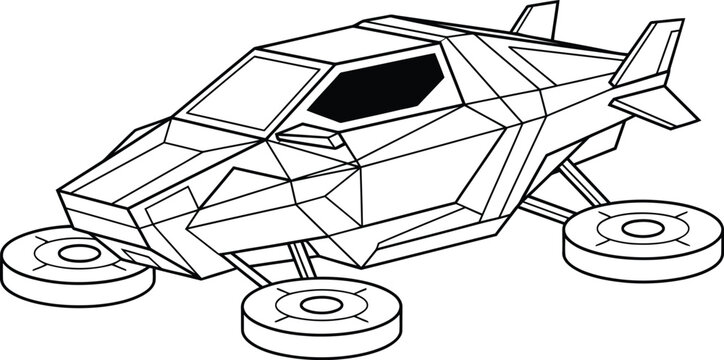 Futuristic flying car vector line art icon, low poly sci-fi drone vehicle, black and white outline transport illustration