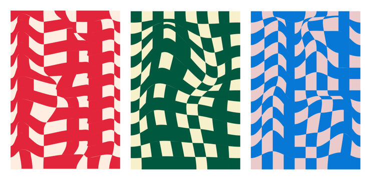 Abstract background with three vertical panels featuring colorful distorted checkerboard patterns in red green and blue