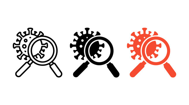 Magnifying glass examining virus cell icon set with magnifying
