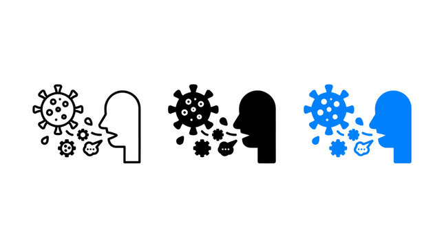 Human profile sneezing spreading virus particles icon set
