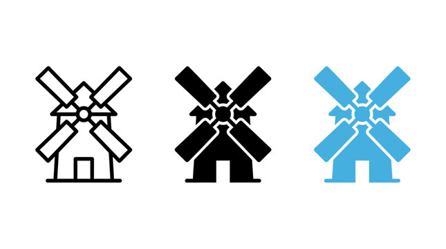 Set of three windmill building icons in different styles