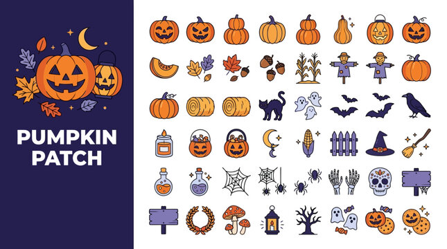 Halloween pumpkin patch icon set with spooky elements like ghosts, bats, spiderwebs, and autumn harvest symbols in a flat vector illustration style