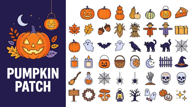 Halloween Pumpkin Patch icon set featuring jack-o-lanterns, ghosts, bats, and autumn harvest elements for seasonal holiday design