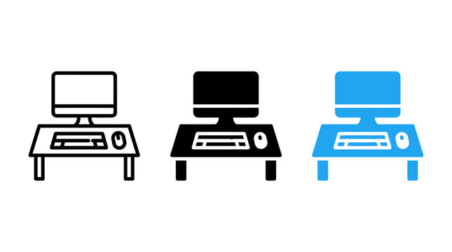 Computer workstation icon set on desk in three styles