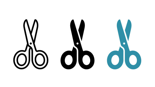 Set of three scissors icons in line solid and color style