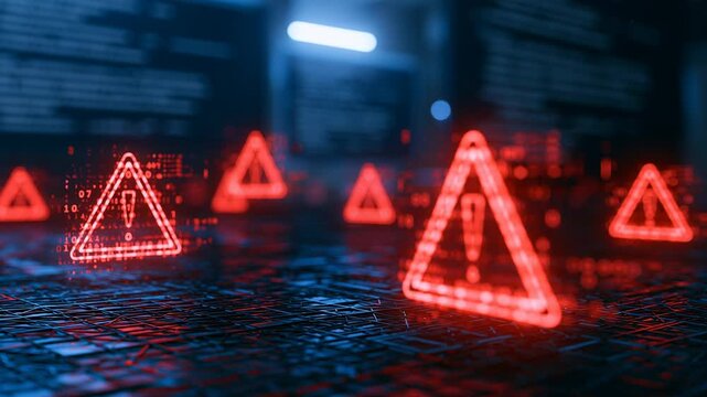 Red warning triangle holograms floating over dark network grid, cybersecurity alert
