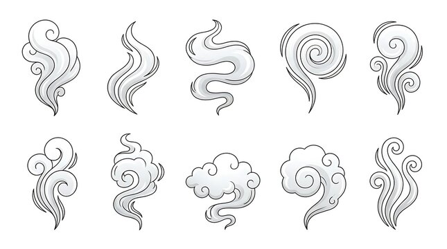 Set of hand drawn steam and smoke swirl icons.