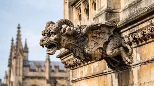 Stone gargoyle sculpture projects from ornate Gothic cathedral. Medieval architectural ornament and church heritage. Gothic art, fantasy creature and historic architecture.
