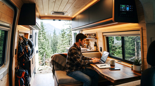 Man working remotely on computer at wooden desk in custom camper van photo, digital nomad lifestyle with open back doors revealing pine forest scenery, and remote work background.
