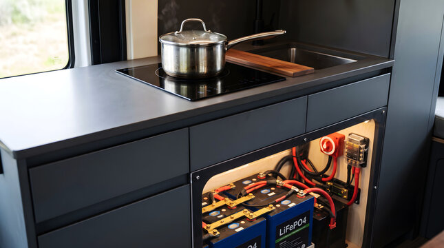 Campervan kitchen galley with induction cooktop and visible lithium battery system photo, modern van conversion with steaming pot on stove and off grid electrical setup, and clean energy graphic.