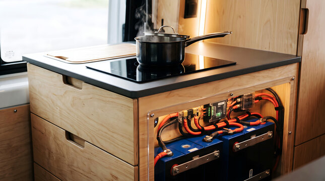 Induction stove top in camper van kitchen with exposed lithium iron phosphate battery bank photo, off grid van life power system integrated beneath wooden galley counter, and mobile energy storage.
