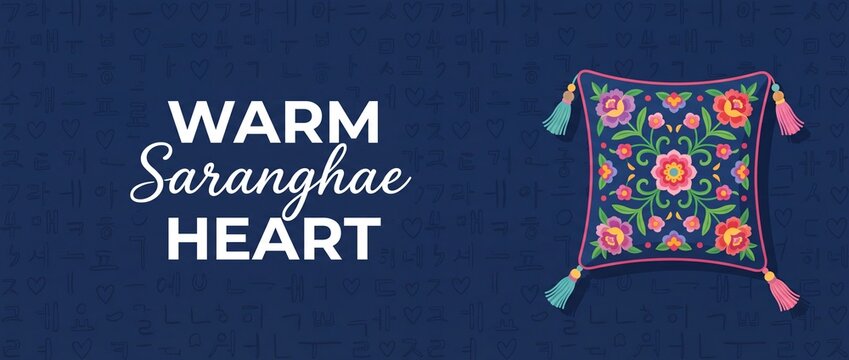 Korean traditional pillow banner background with Warm Saranghae Heart typography text, colorful floral embroidery tassel cushion, hangul calligraphy pattern, romantic asian folk art illustration