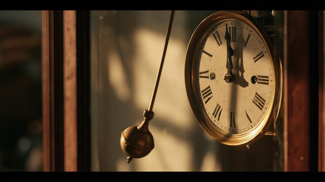 Antique grandfather clock pendulum swinging during warm golden hour light illuminating its Roman numeral face