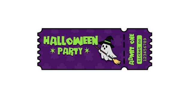 A 4K-resolution Halloween party ticket animation featuring a ghostly figure flying on a magic broomstick.