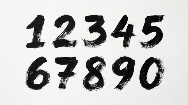 Hand Painted Black Ink Numbers Set from 0 to 9 on White Background, Artistic Brush Stroke Calligraphy Digits for Design