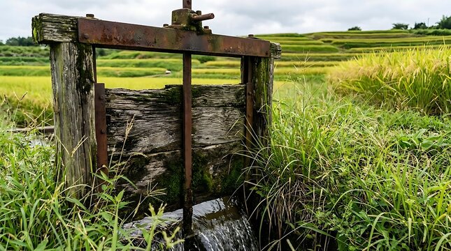 Weathered wooden sluice gate in lush green rice field