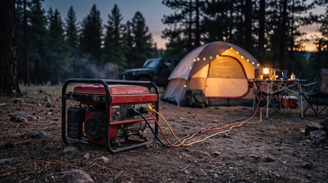 Portable generator powering a tent campsite in a forest at dusk. Outdoor camping with electricity. Off-grid power and emergency backup. Wilderness recreation and travel.