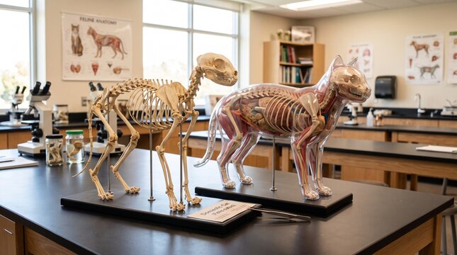 Cat skeleton and anatomical model for veterinary science education