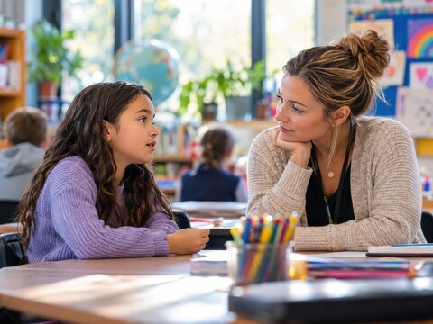Caring Female Teacher Mentoring Young School Girl at Desk in Bright Primary Classroom for Education and Child Development Concepts
