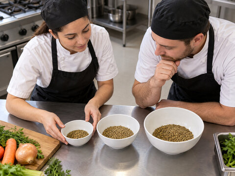 Kitchen trainees comparing lentil portions in three bowls