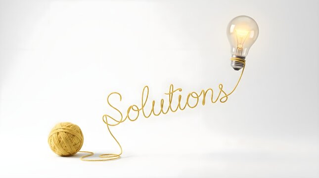 Concept of creative business solution, innovation strategy, and ideation. Yellow yarn string unraveling from ball spelling solutions word and lifting glowing lightbulb on white background.