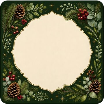 Nordic dusty teal hexagonal Christmas packaging label with winter botanical border