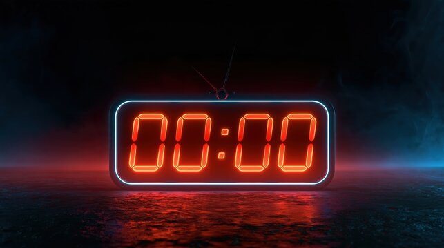 Digital timer displaying 00:00 with neon glow against a smoky dark background and reflective surface