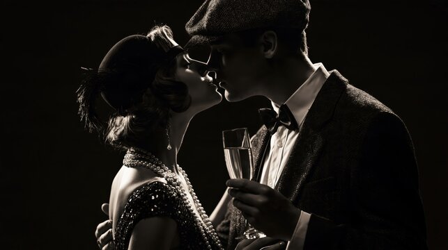 Elegant couple in vintage attire sharing a tender moment with champagne glasses during a glamorous evening party