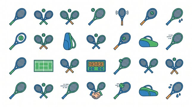Tennis racket icon collection featuring sports equipment, match play positions, crossed rackets, and athletic activity symbols.