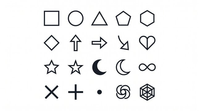 Geometric symbol icon collection featuring shapes, arrows, hearts, stars, crescents, abstract forms, minimalist vector graphics.