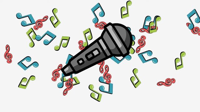 4K animation of a black microphone with colorful musical notes in the background.